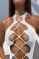 Close-up white sexy lace-up cut-out one-piece swimsuit for women