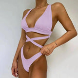 Women's Solid Color Cross Bikini Swimsuit-Purple-5